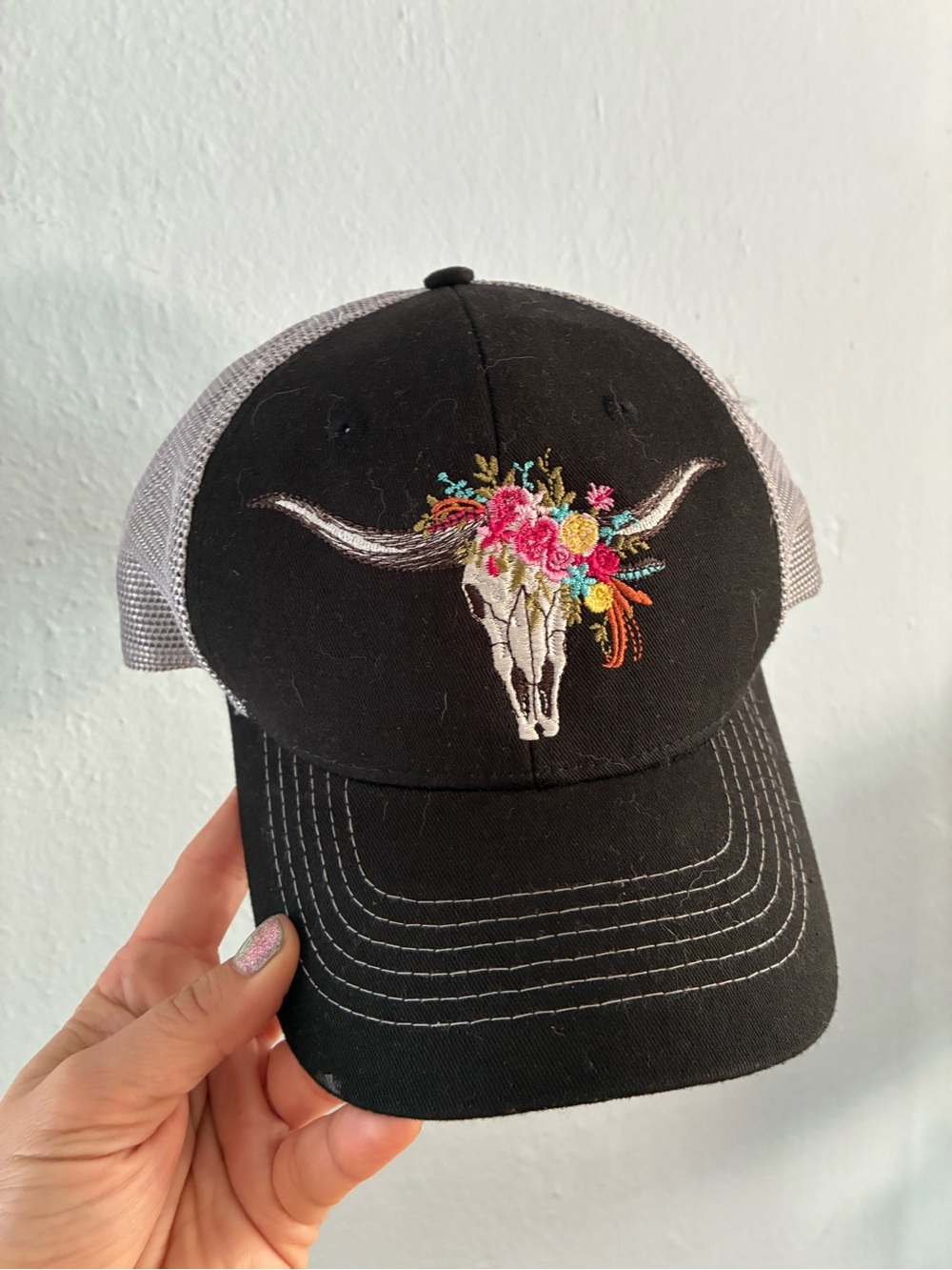 Black Trucker Hat with Embroidered Floral Longhorn